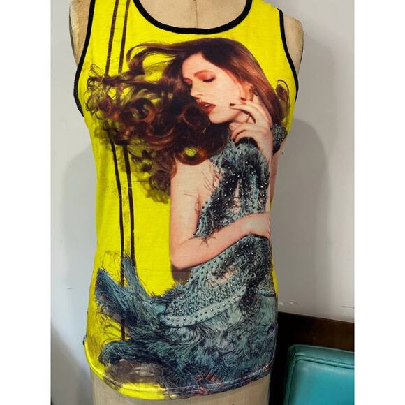 alixo Tops - Vintage 1990s y2k Yellow + Colored Lace Bedazzled Tank Top w/ Woman Design - S?